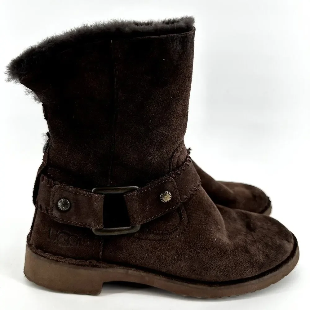 UGG Cedric Winter Boots Twinface Sheepskin Leather Cuffed Buckle Dark Brown 6